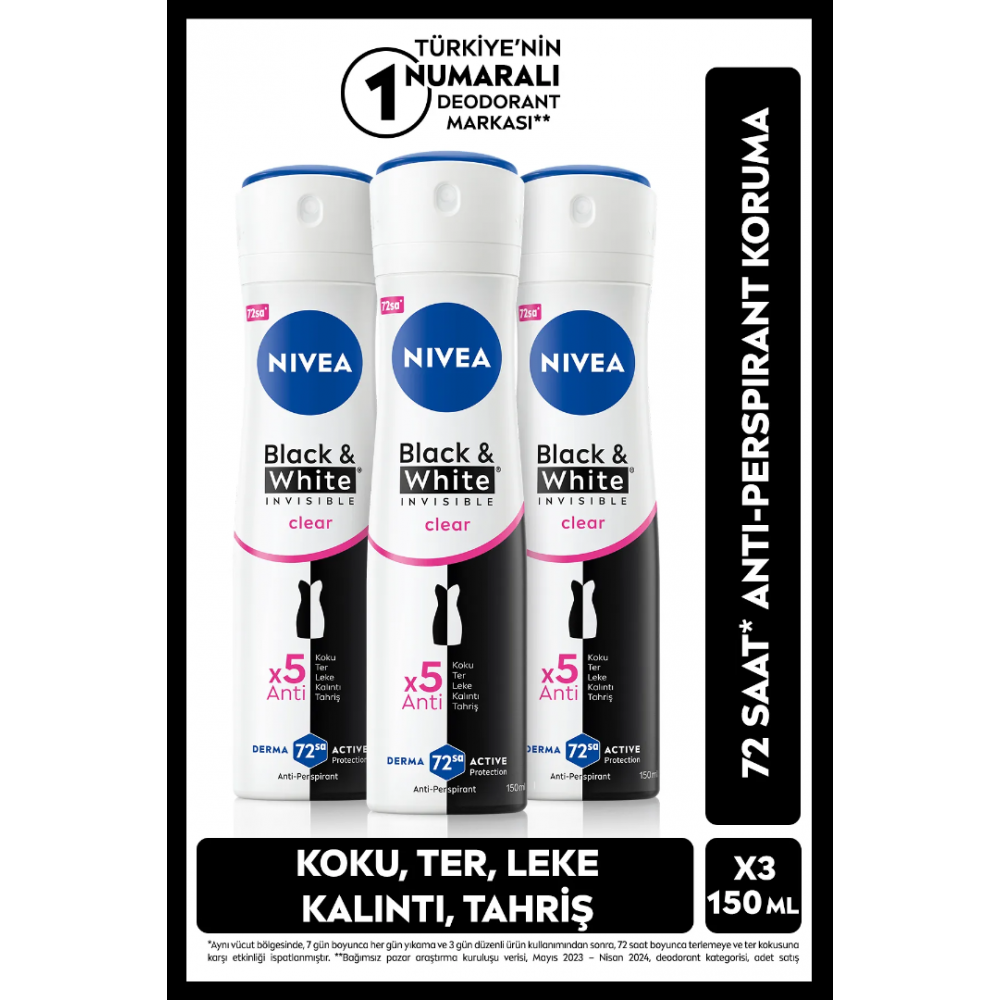 NIVEA Kadın Sprey Deodorant Black&White Invisible Clear 150ml, 72 Saat Anti-perspirant Koruma, X3 Adet