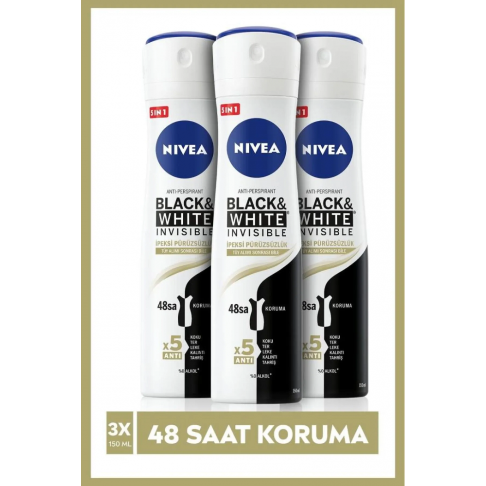 NIVEA Kadın Sprey Deodorant Black&white Invisible Ipeksi Pürüzsüzlük 150ml X3 Adet