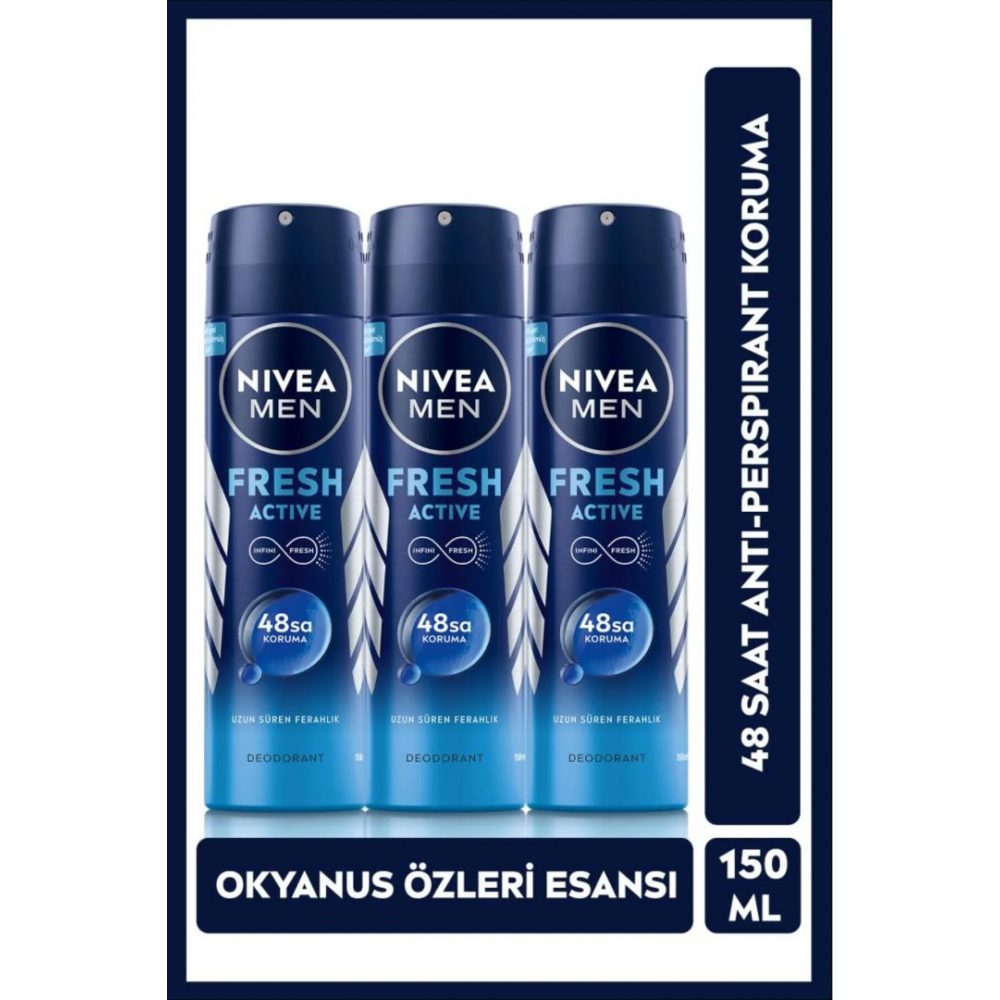 NIVEA MEN Erkek Sprey Deodorant Fresh Active,48 Saat Deodorant Koruması, 150ml 3 Adet