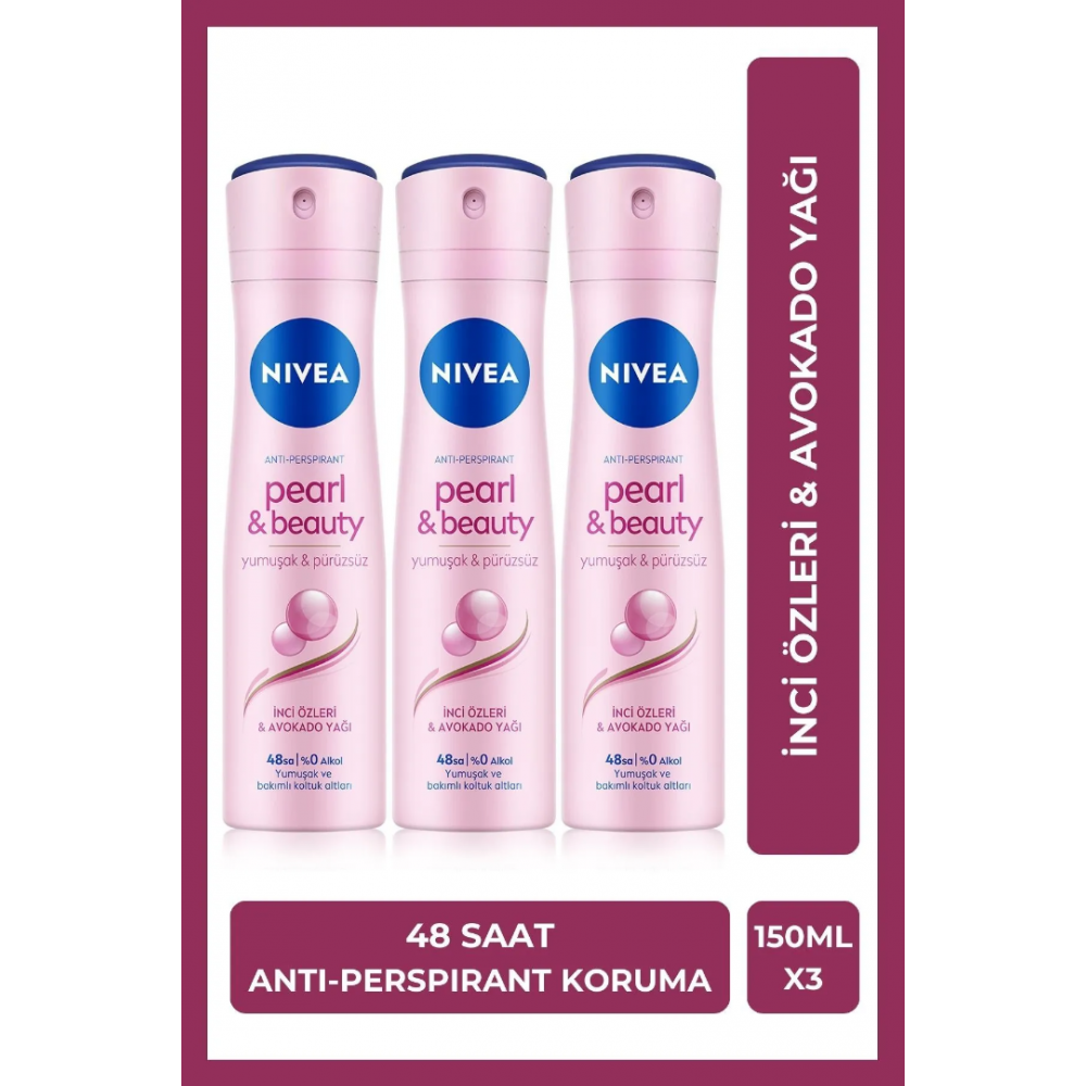 NIVEA Kadın Sprey Deodorant Pearl&Beauty 150ml, 48 Saat Anti-perspirant Koruma, X3 Adet