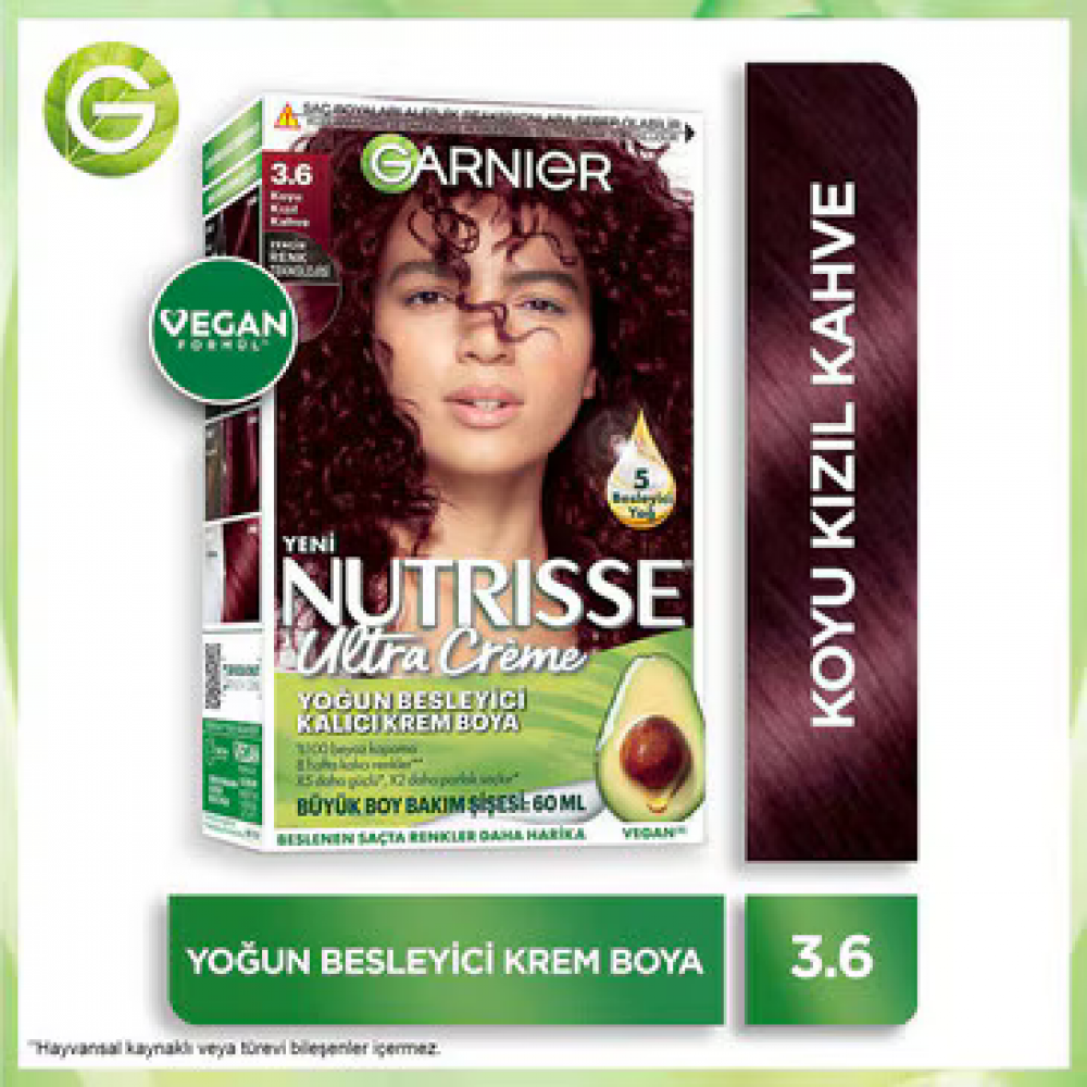 Garnier Nutrisse Yoğun Besleyici Kalıcı Krem Saç Boyası 3.6 Koyu Kızıl Kahve